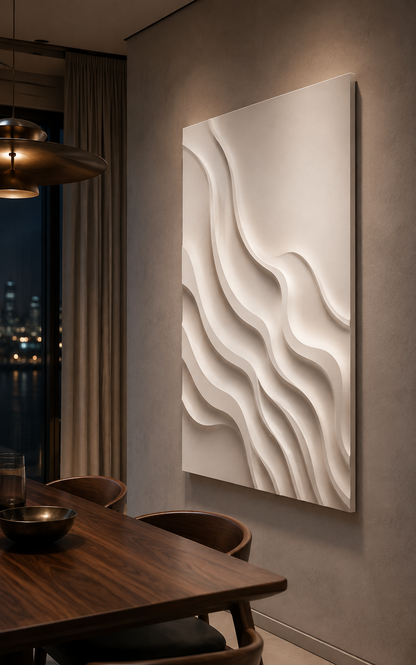 Contour Tide satin white Corian wall panel, right view in a dark-walnut Lower Parel dining room