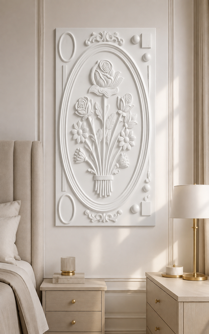 Floral Urn Medallion satin white Corian wall panel, front view in a refined Malabar Hill bedroom