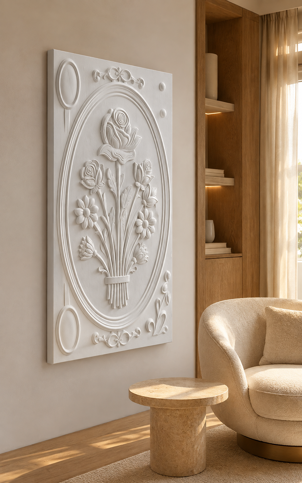 Floral Urn Medallion satin white Corian wall panel, left view in a sunlit Juhu reading lounge