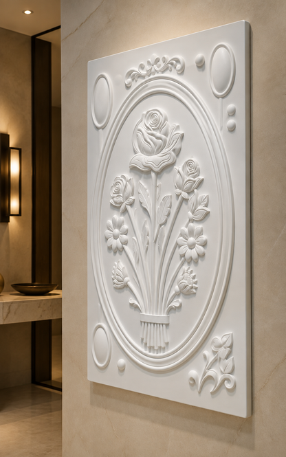 Floral Urn Medallion satin white Corian wall panel, right view in a quiet South Mumbai entrance corridor