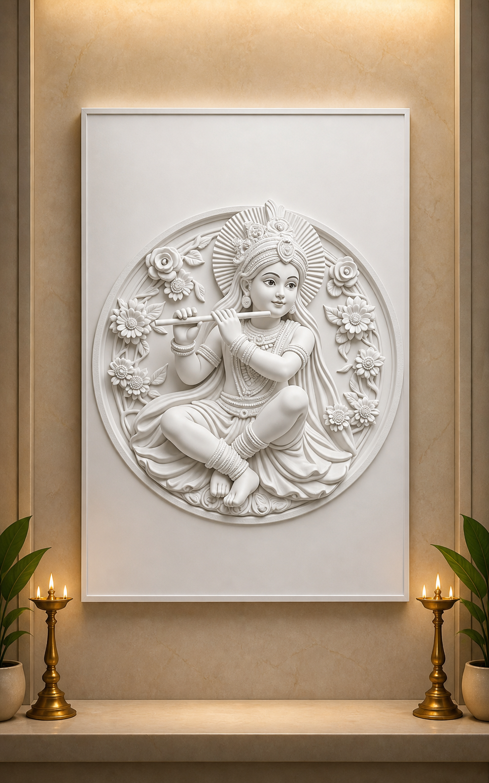 Krishna Flute Garden satin white Corian wall panel, front view in a serene Walkeshwar home mandir