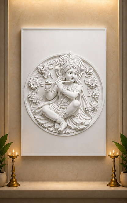 Krishna Flute Garden satin white Corian wall panel, front view in a serene Walkeshwar home mandir