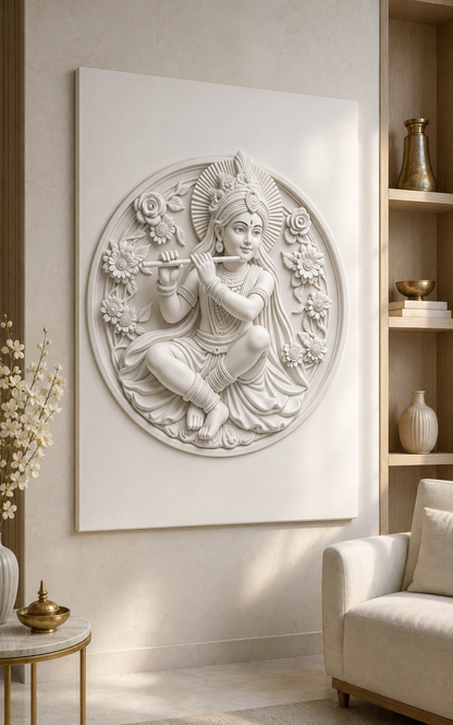 Krishna Flute Garden satin white Corian wall panel, left view in a Bandra living-room prayer alcove