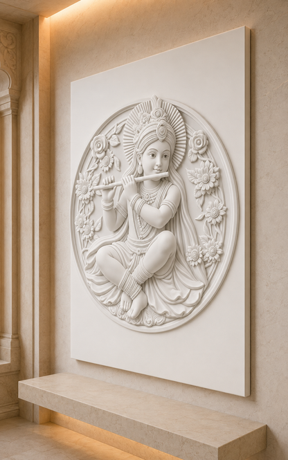 Krishna Flute Garden satin white Corian wall panel, right view in a calm Powai meditation niche