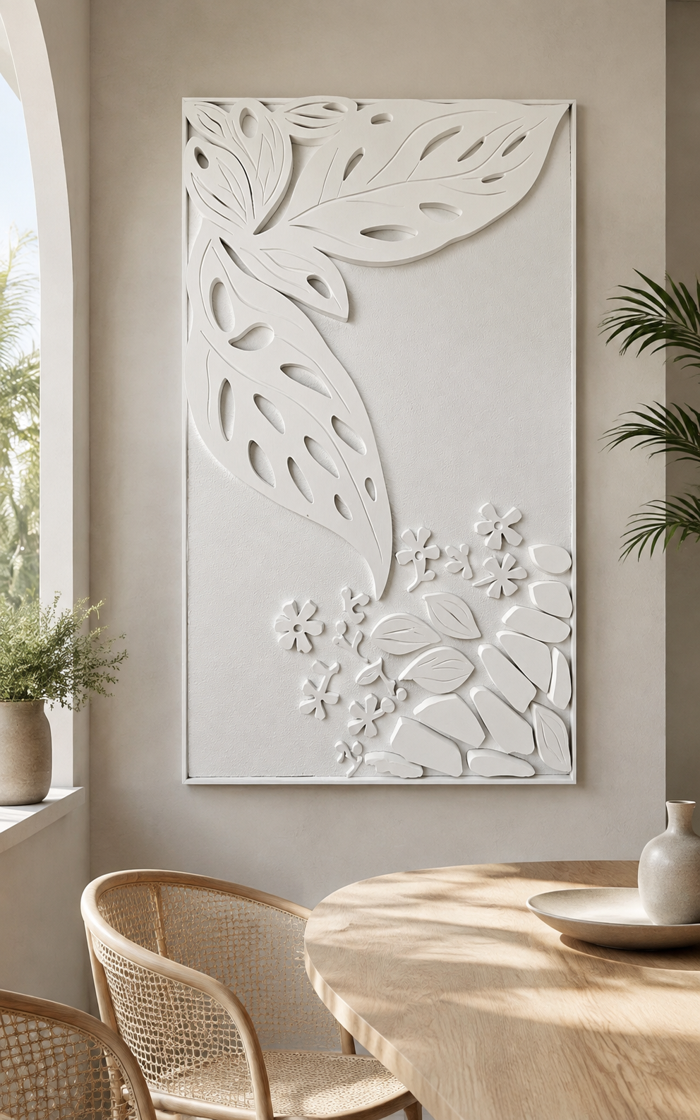 Botanical Corner Cascade satin white Corian wall panel, front view in a sunlit Khar dining nook