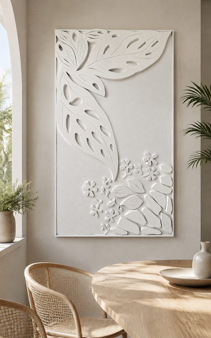 Botanical Corner Cascade satin white Corian wall panel, front view in a sunlit Khar dining nook