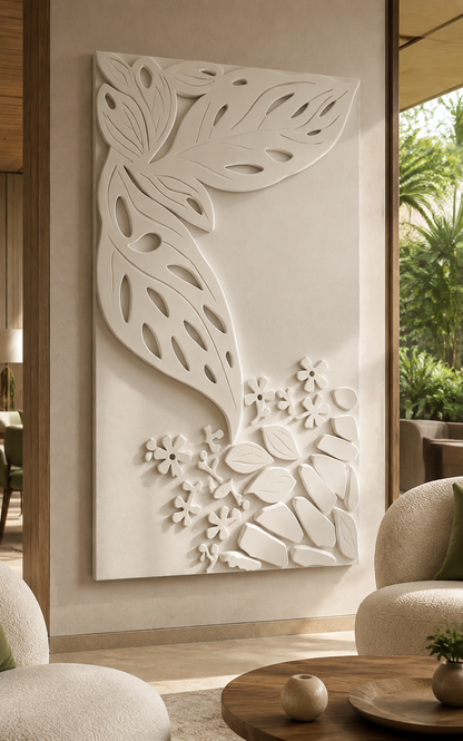 Botanical Corner Cascade satin white Corian wall panel, left view in a garden-facing Juhu lounge