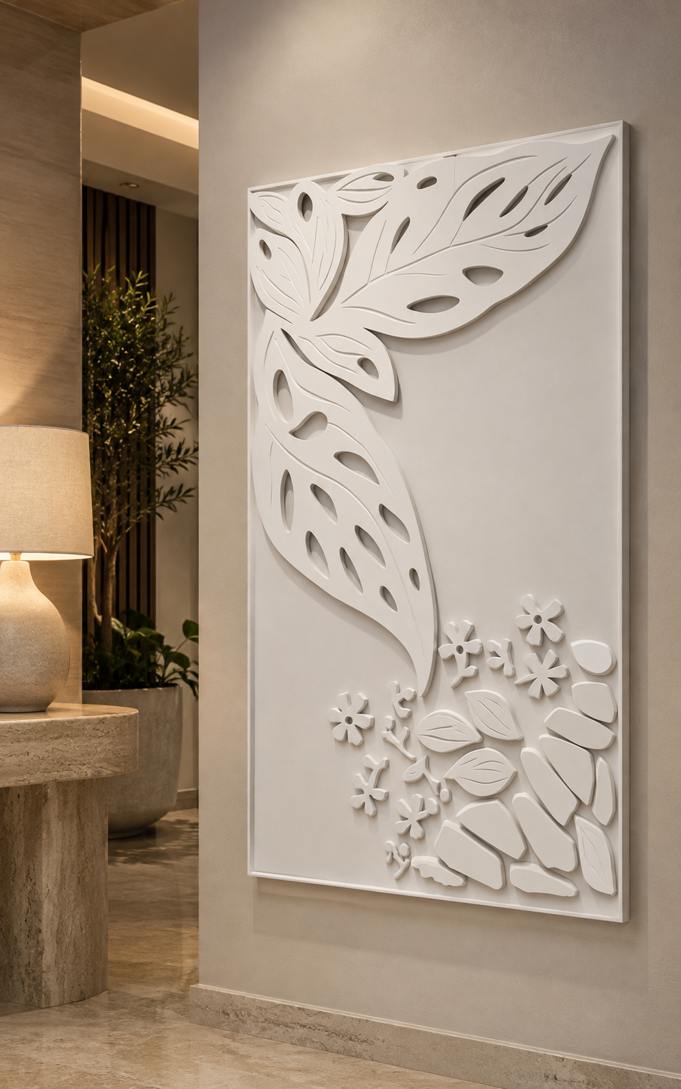 Botanical Corner Cascade satin white Corian wall panel, right view in a warm-stone Thane entrance foyer