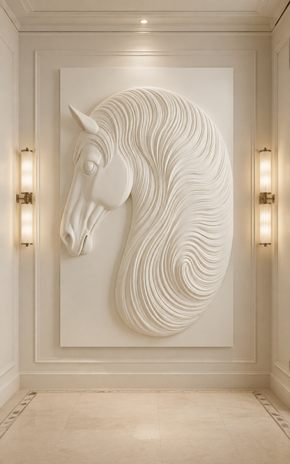 Equine Crest satin white Corian wall panel, front view in a formal Altamount Road entrance gallery