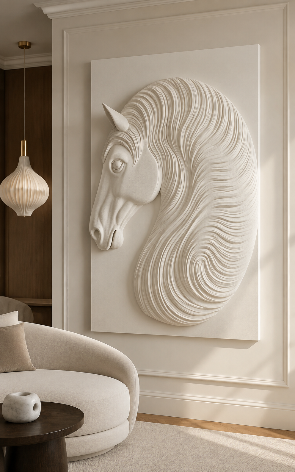 Equine Crest satin white Corian wall panel, left view in a curved Bandra living lounge