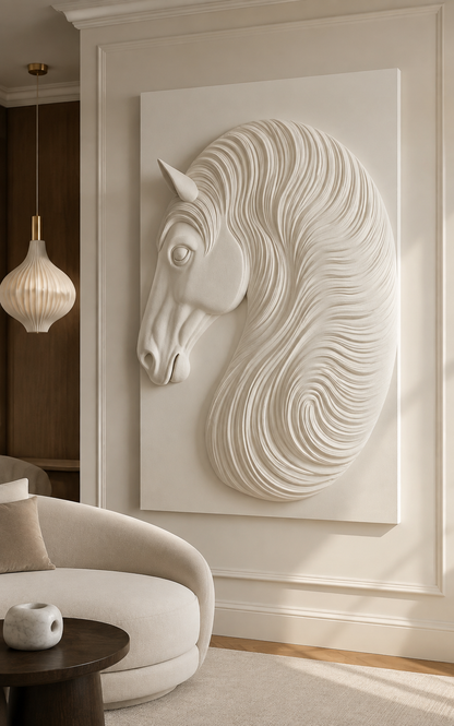 Equine Crest satin white Corian wall panel, left view in a curved Bandra living lounge