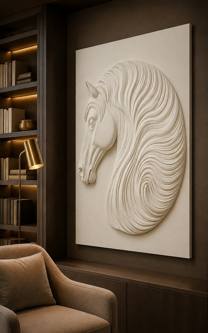 Equine Crest satin white Corian wall panel, right view in a dark-wood South Mumbai library