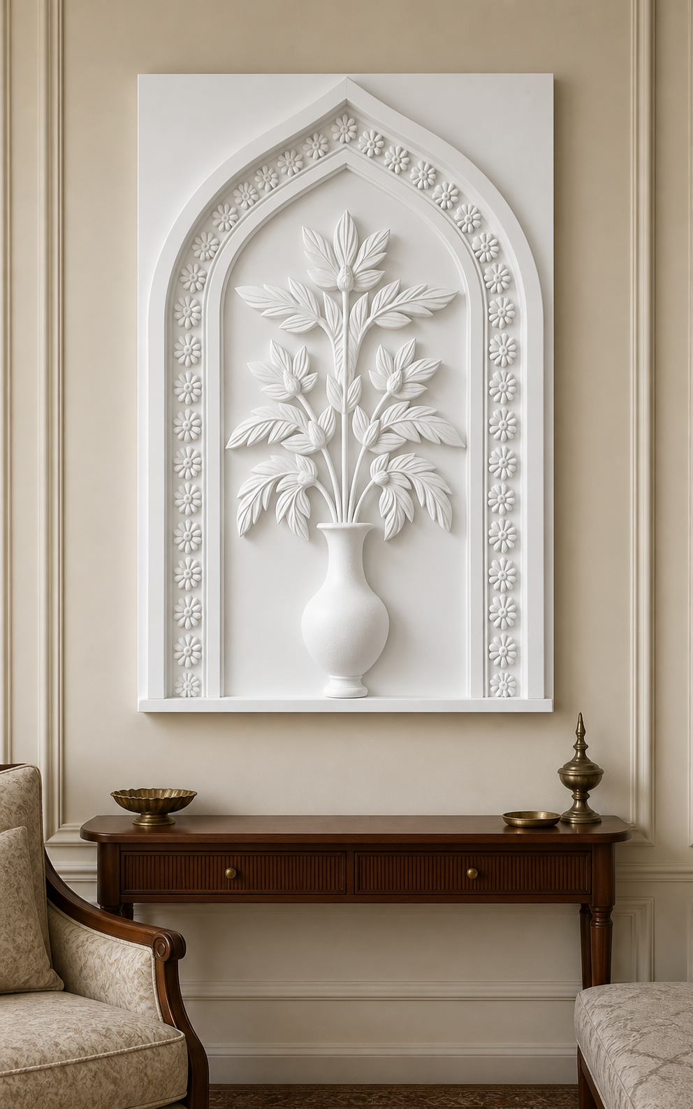 Arched Botanical Vase satin white Corian wall panel, front view in an elegant Cuffe Parade living room