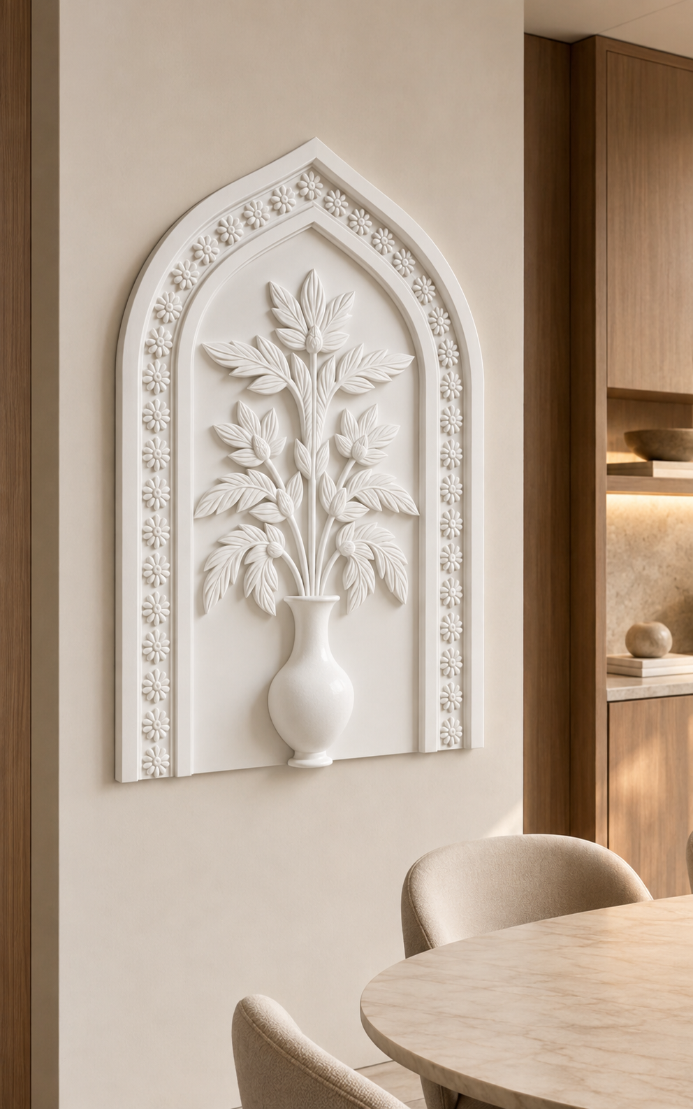 Arched Botanical Vase satin white Corian wall panel, left view in a contemporary Powai dining room