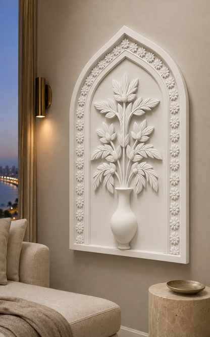 Arched Botanical Vase satin white Corian wall panel, right view in a calm Juhu master bedroom