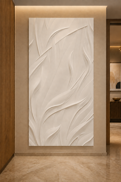 Windblown Leaves satin white Corian wall panel, front view in a contemporary South Mumbai entrance foyer