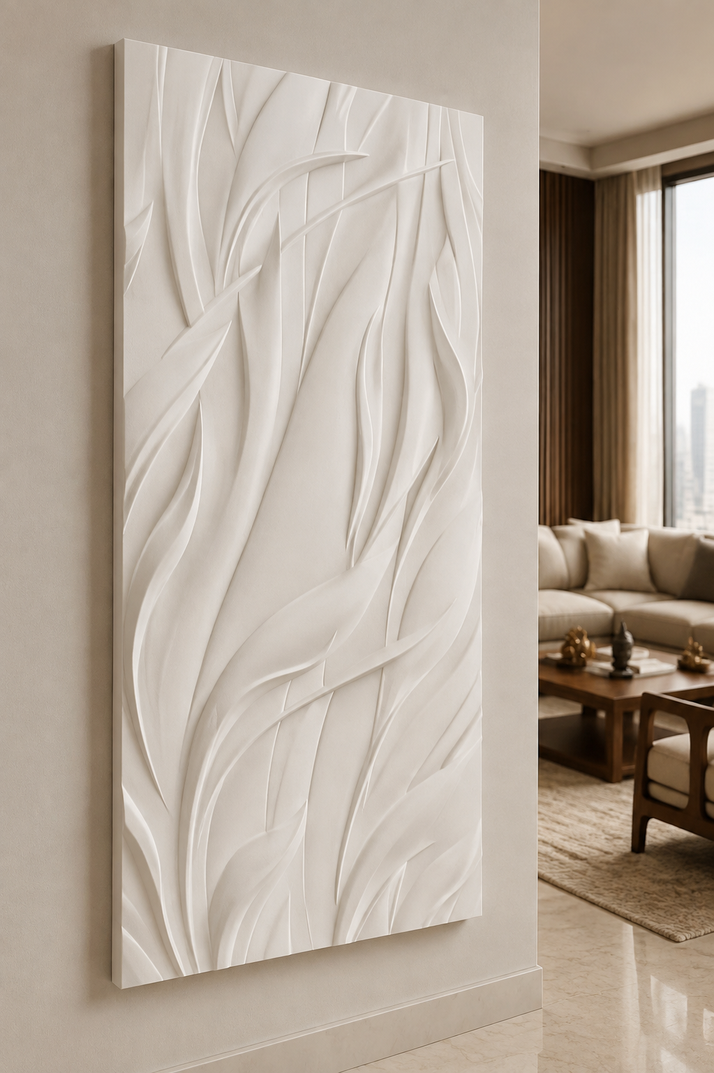Windblown Leaves satin white Corian wall panel, left view in a luxury Worli living room
