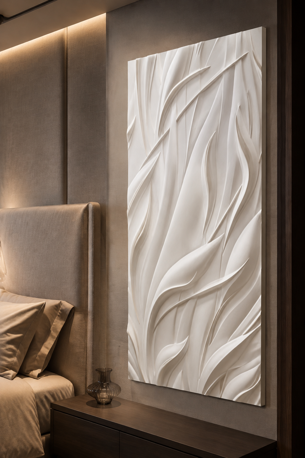 Windblown Leaves satin white Corian wall panel, right view in a refined Bandra master bedroom