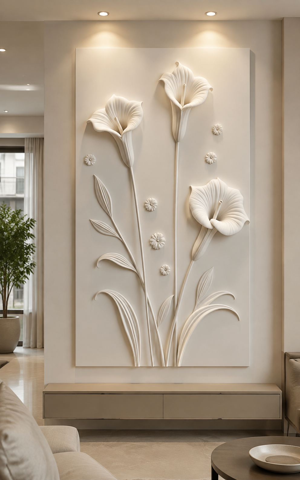 Calla Lily Ascent satin white Corian wall panel, front view in a contemporary South Mumbai living room