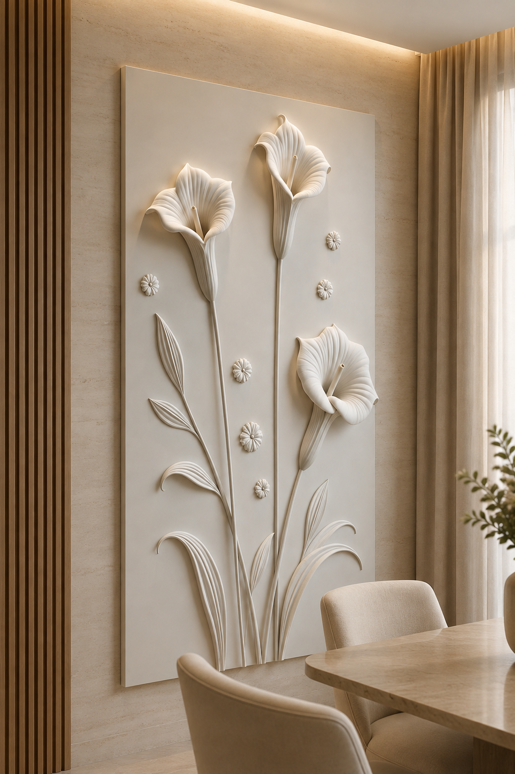 Calla Lily Ascent satin white Corian wall panel, left view in a warm Bandra dining nook