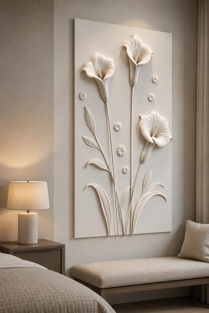 Calla Lily Ascent satin white Corian wall panel, right view in a calm Malabar Hill bedroom