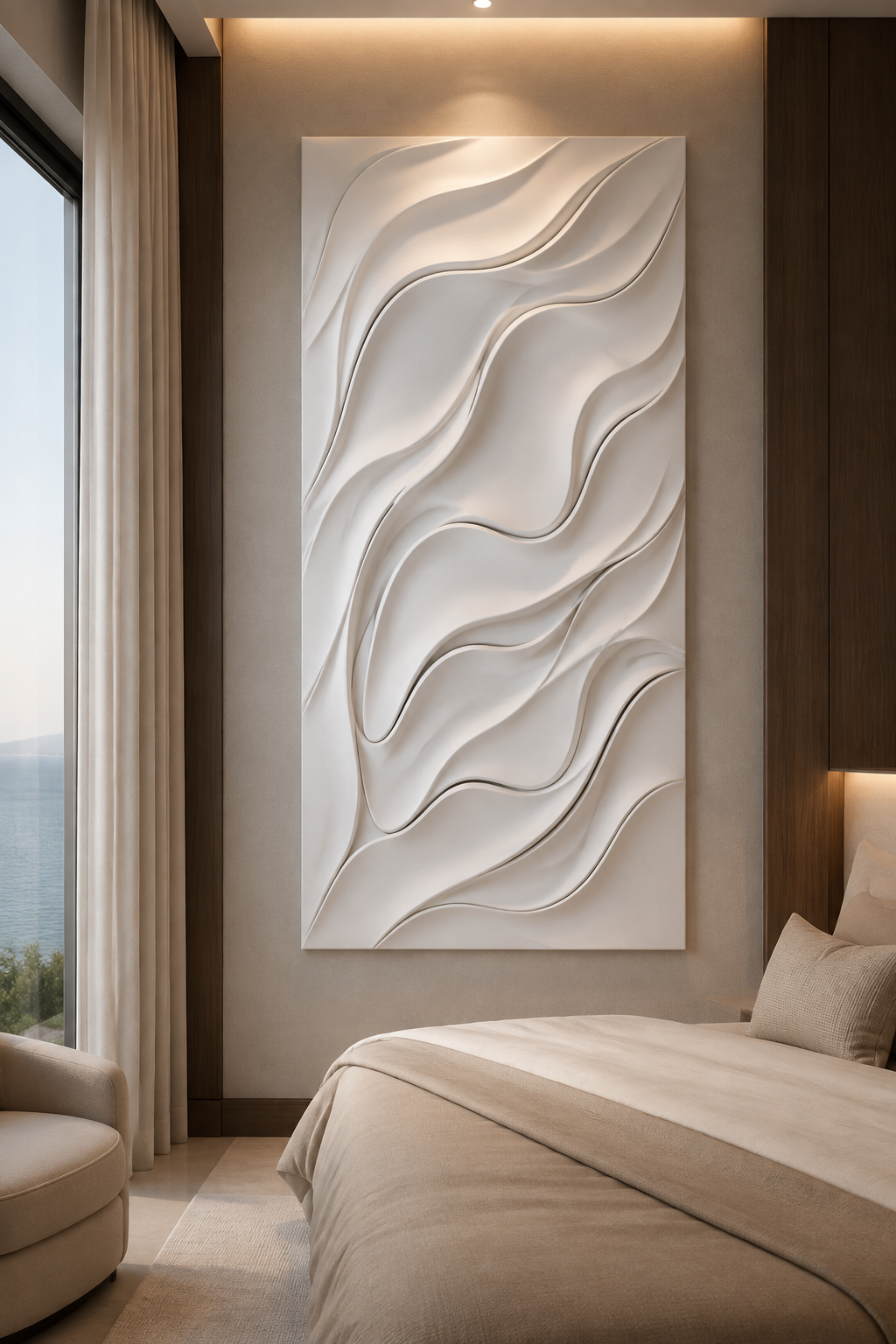 Silken Wave Drift satin white Corian wall panel, front view in a sea-view Worli bedroom