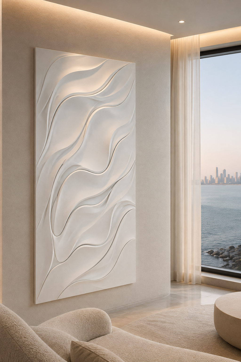 Silken Wave Drift satin white Corian wall panel, left view in a sunlit Marine Drive lounge