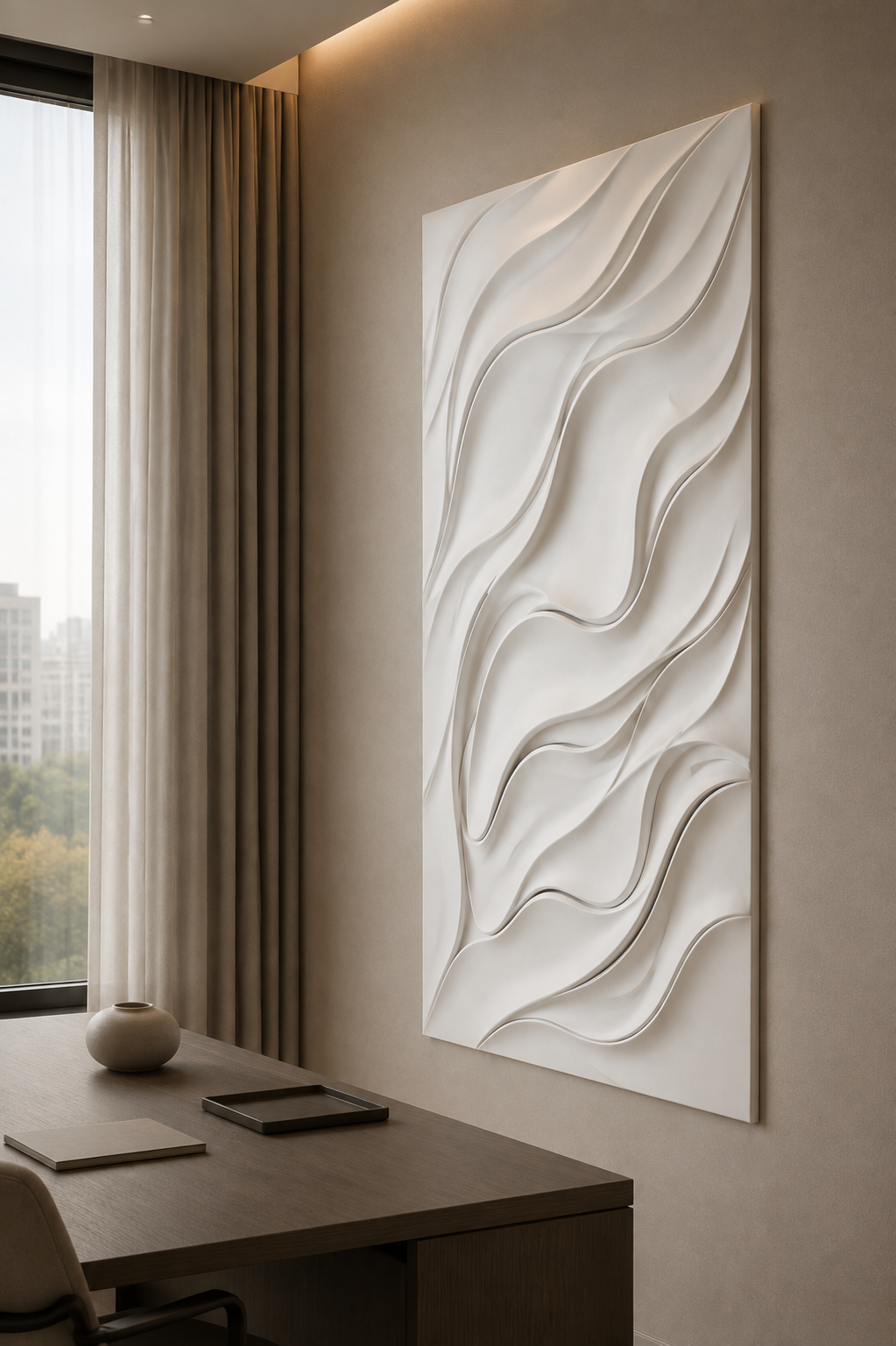 Silken Wave Drift satin white Corian wall panel, right view in a refined Lower Parel home office