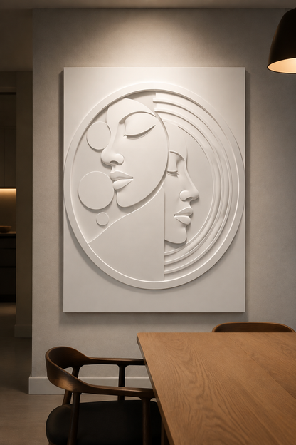 Twin Muse Orbit satin white Corian wall panel, front view in a contemporary BKC dining room
