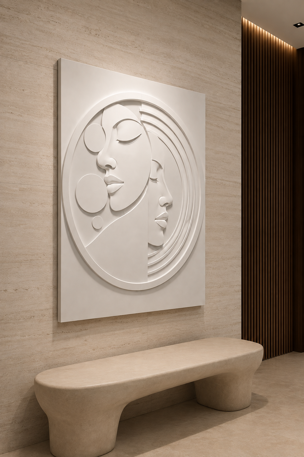 Twin Muse Orbit satin white Corian wall panel, left view in a South Mumbai entrance foyer