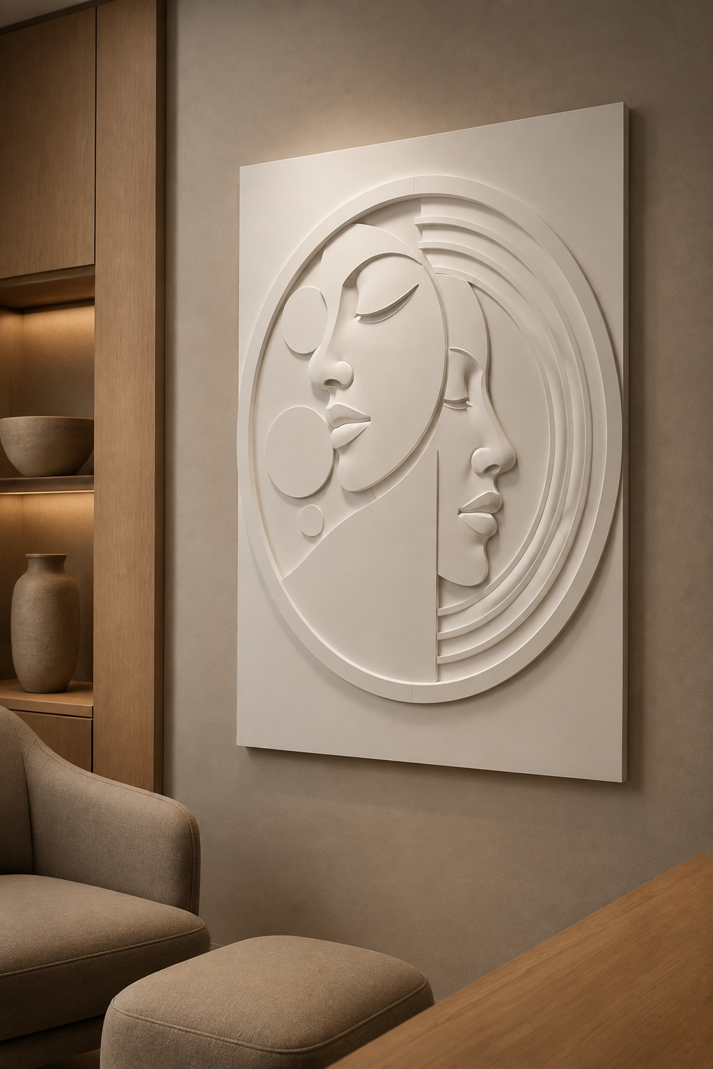 Twin Muse Orbit satin white Corian wall panel, right view in a warm Bandra lounge