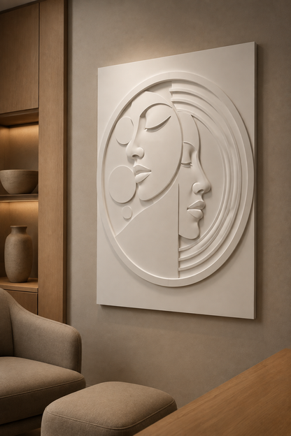 Twin Muse Orbit satin white Corian wall panel, right view in a warm Bandra lounge