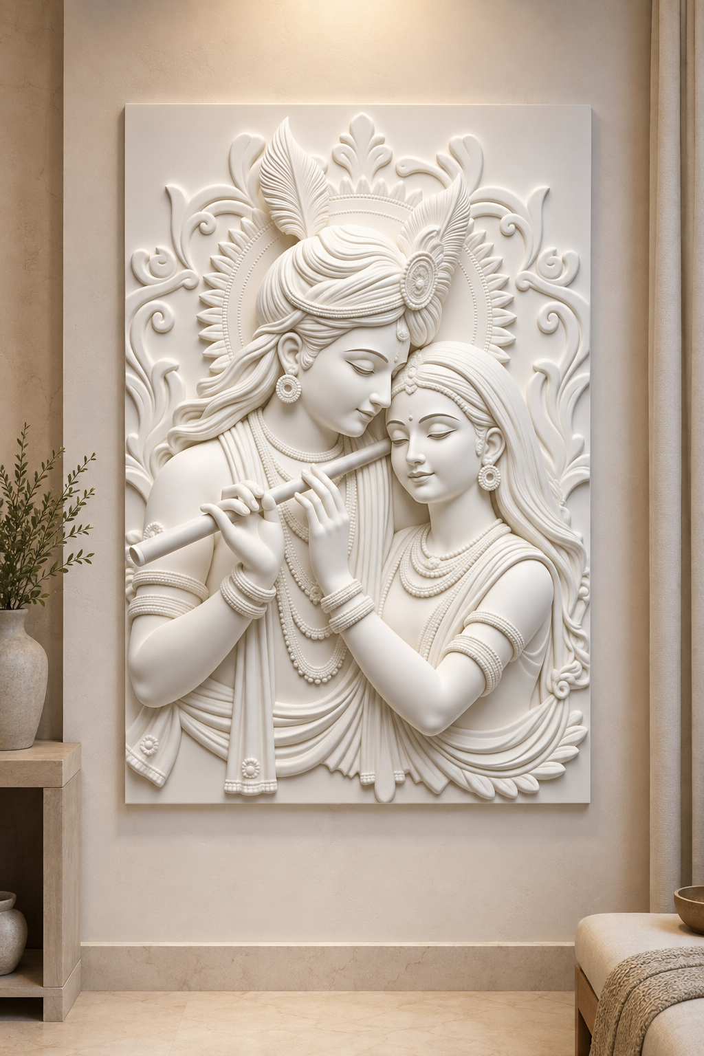 Radha Krishna Serenade satin white Corian wall panel, front view in a serene Walkeshwar prayer alcove