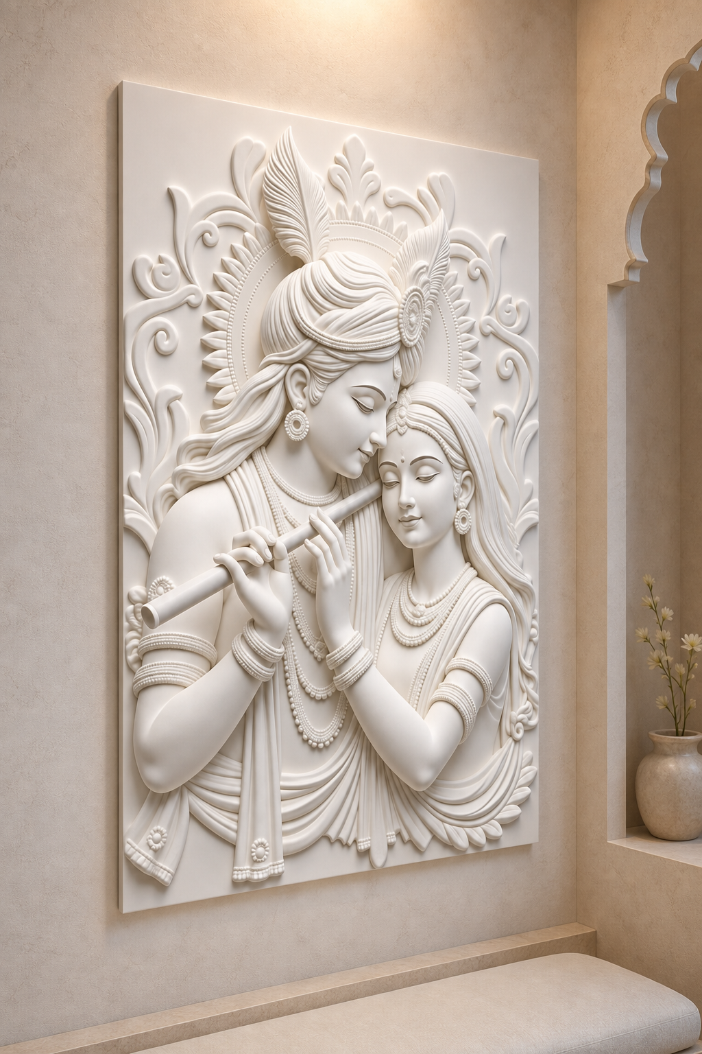 Radha Krishna Serenade satin white Corian wall panel, left view in a Malabar Hill meditation niche