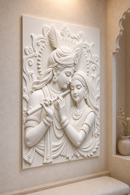 Radha Krishna Serenade satin white Corian wall panel, left view in a Malabar Hill meditation niche