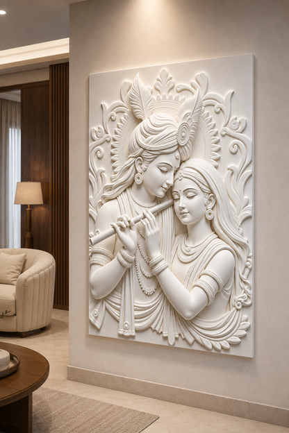 Radha Krishna Serenade satin white Corian wall panel, right view in a Powai living-room shrine