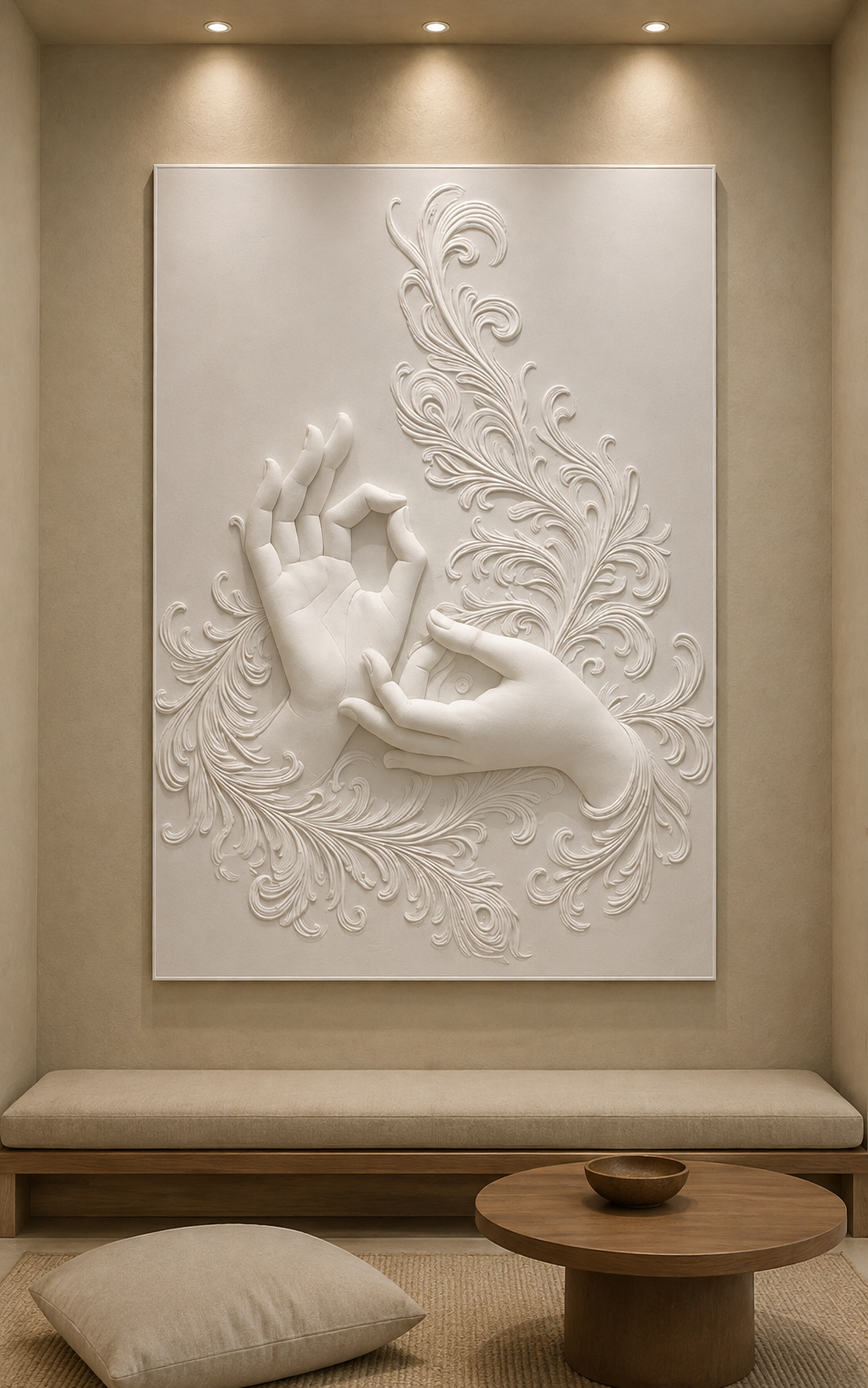 Sacred Mudra Flourish satin white Corian wall panel, front view in a quiet Bandra reading niche