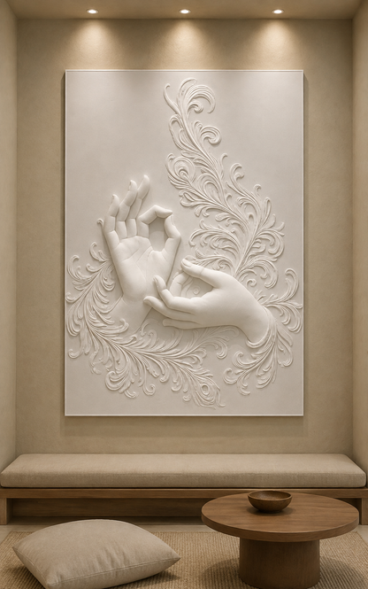 Sacred Mudra Flourish satin white Corian wall panel, front view in a quiet Bandra reading niche