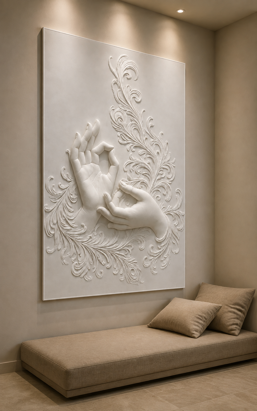 Sacred Mudra Flourish satin white Corian wall panel, left view in a Powai lounge alcove