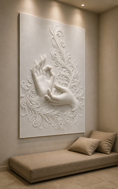 Sacred Mudra Flourish satin white Corian wall panel, left view in a Powai lounge alcove