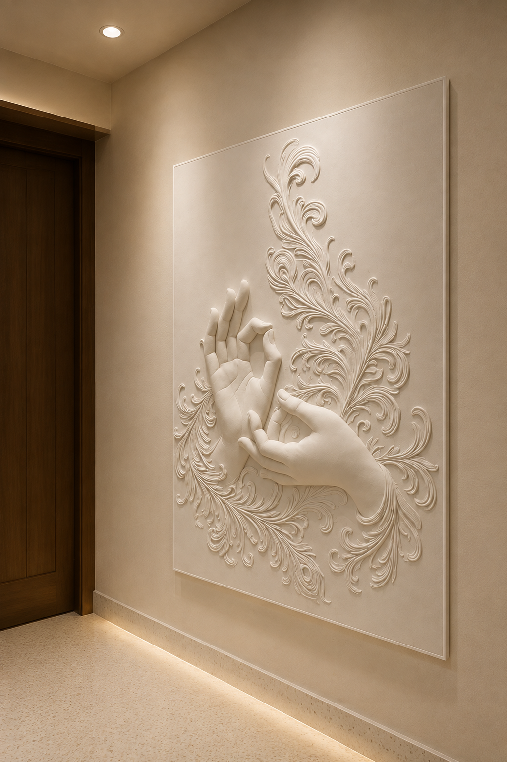 Sacred Mudra Flourish satin white Corian wall panel, right view in a South Mumbai passage gallery