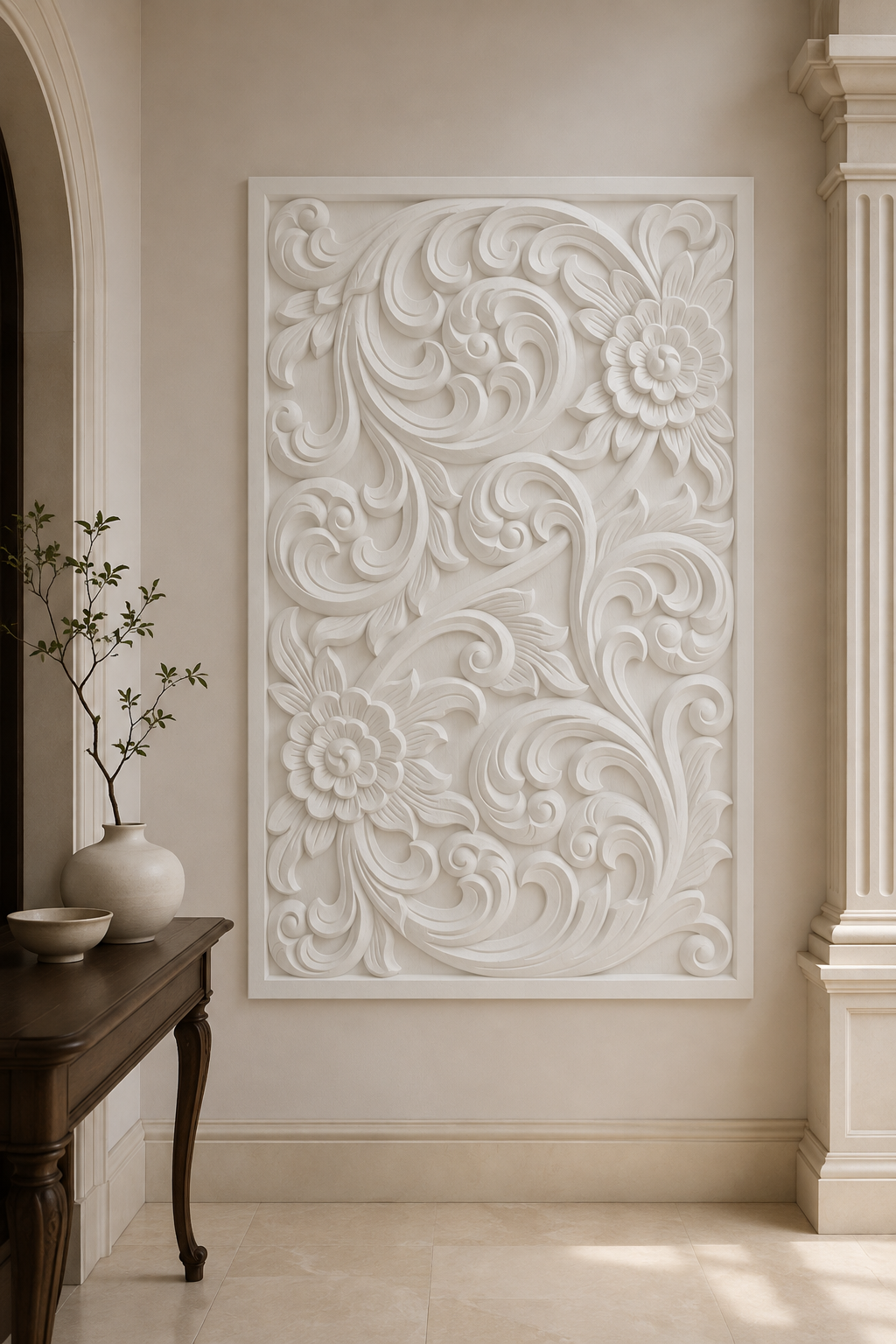 Acanthus Blossom Scroll satin white Corian wall panel, front view in a classical South Mumbai foyer