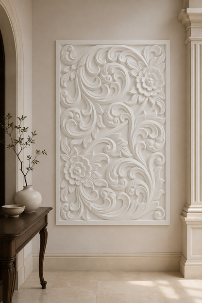Acanthus Blossom Scroll satin white Corian wall panel, front view in a classical South Mumbai foyer