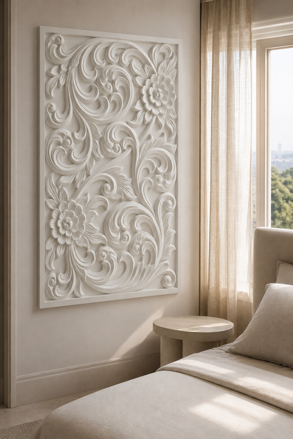 Acanthus Blossom Scroll satin white Corian wall panel, left view in a sunlit Malabar Hill bedroom