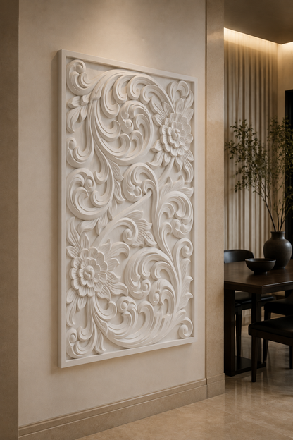Acanthus Blossom Scroll satin white Corian wall panel, right view in a Worli dining salon