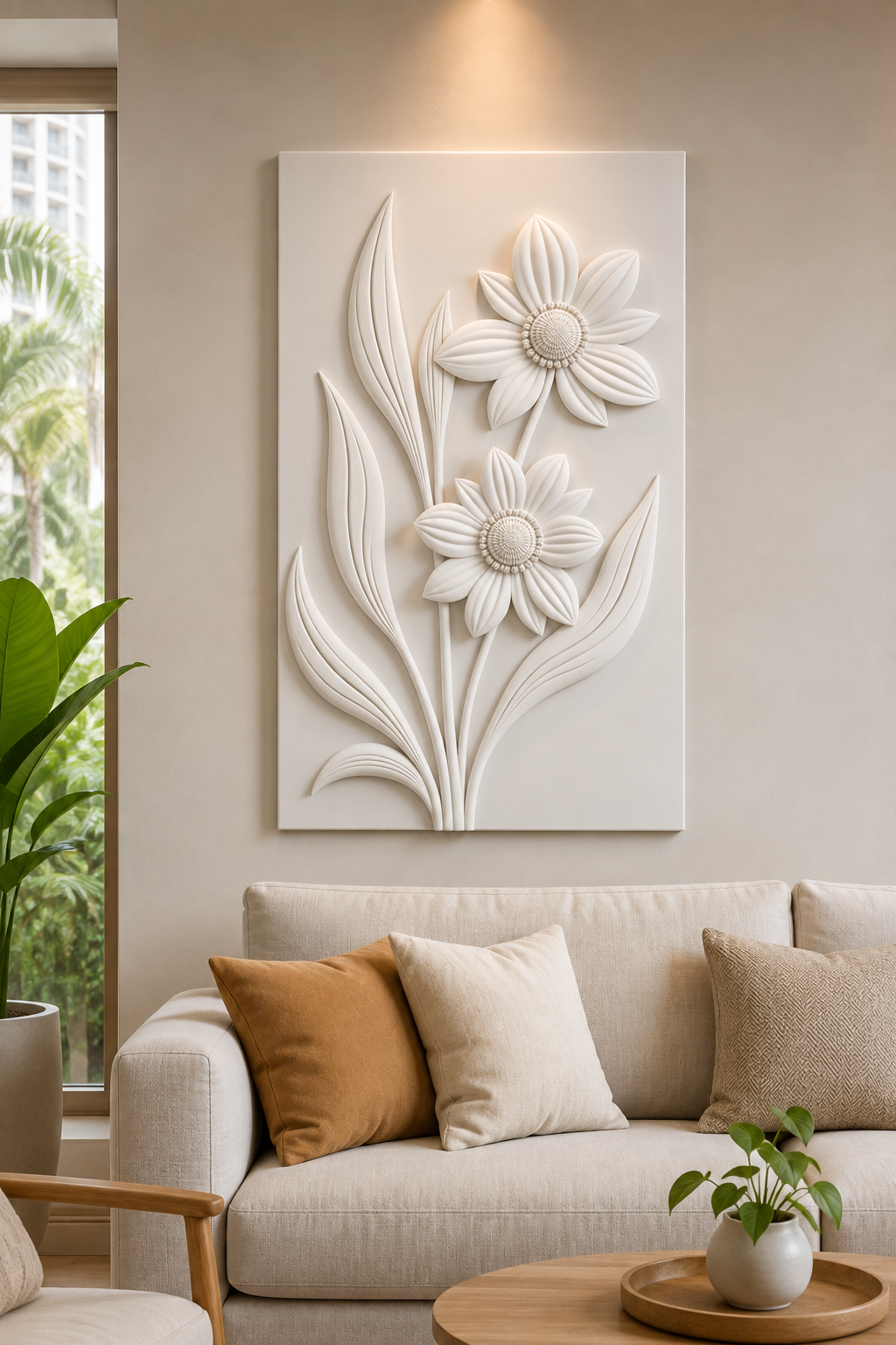 Daisy Stem Duet satin white Corian wall panel, front view in an airy Juhu living room