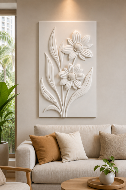 Daisy Stem Duet satin white Corian wall panel, front view in an airy Juhu living room