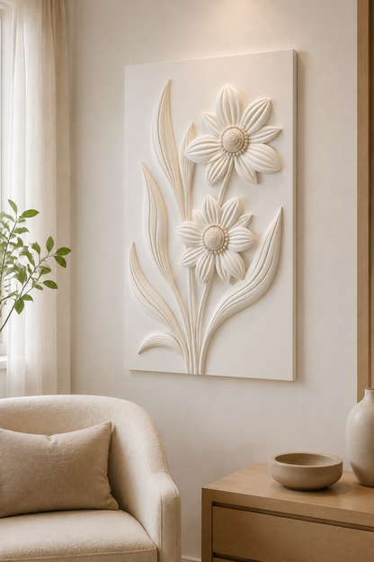 Daisy Stem Duet satin white Corian wall panel, left view in a Bandra bedroom sitting corner