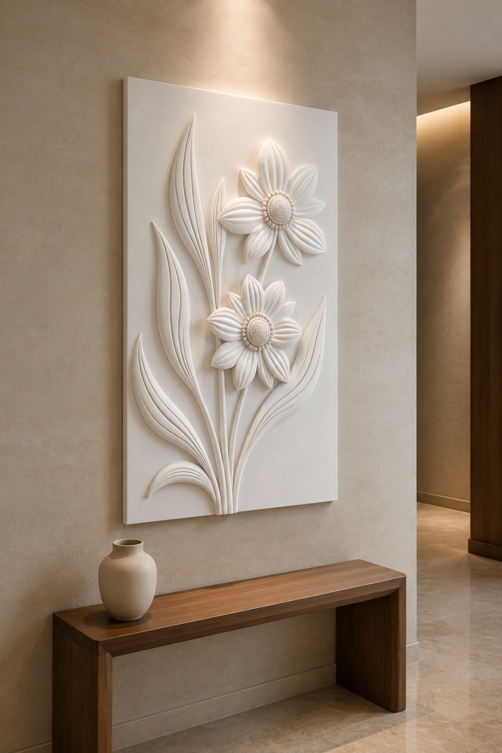 Daisy Stem Duet satin white Corian wall panel, right view in a Lower Parel entrance foyer