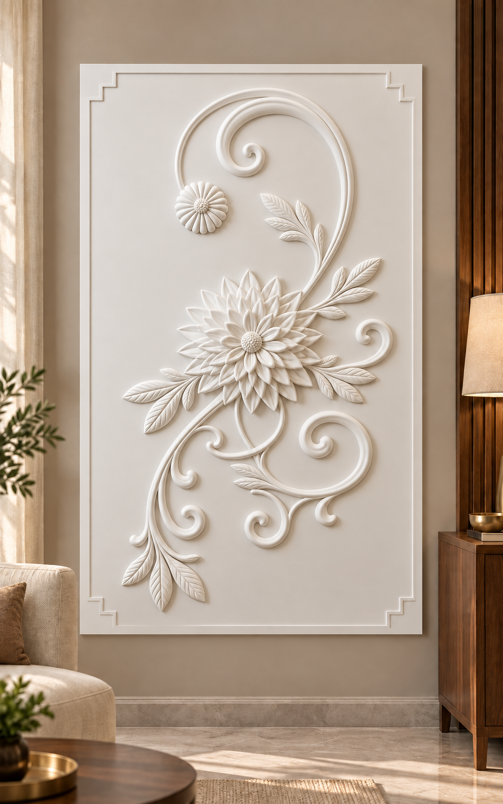Dahlia Spiral Flourish Corian wall panel, front view in a Mumbai classic living room; AI-assisted concept visualisation
